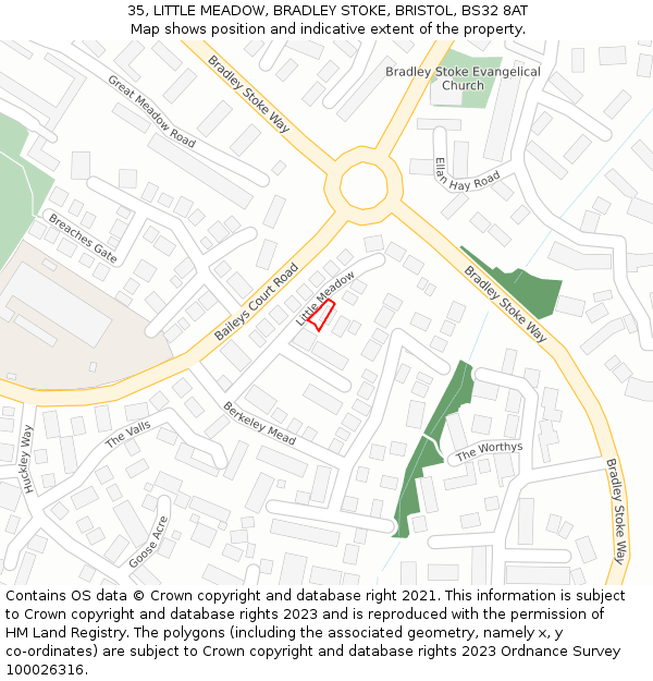 35, LITTLE MEADOW, BRADLEY STOKE, BRISTOL, BS32 8AT: Location map and indicative extent of plot