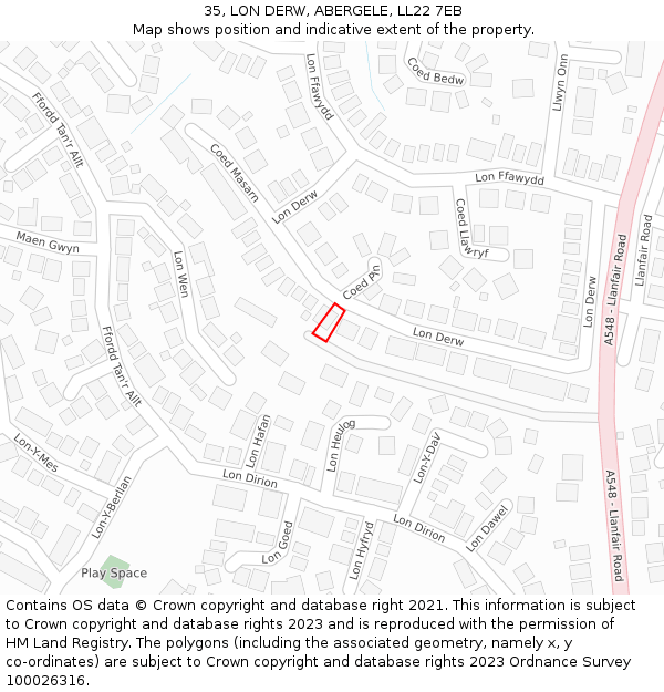 35, LON DERW, ABERGELE, LL22 7EB: Location map and indicative extent of plot