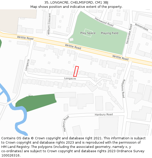 35, LONGACRE, CHELMSFORD, CM1 3BJ: Location map and indicative extent of plot