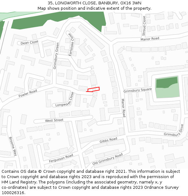 35, LONGWORTH CLOSE, BANBURY, OX16 3WN: Location map and indicative extent of plot