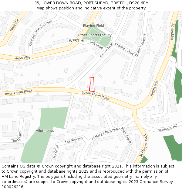 35, LOWER DOWN ROAD, PORTISHEAD, BRISTOL, BS20 6PA: Location map and indicative extent of plot