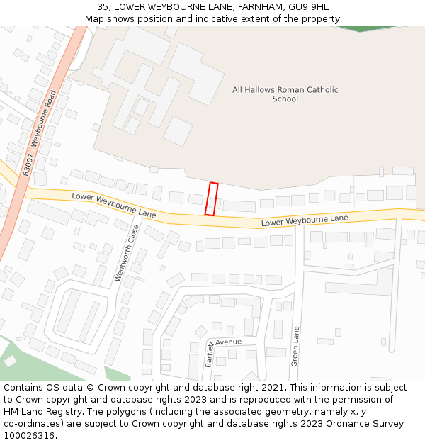 35, LOWER WEYBOURNE LANE, FARNHAM, GU9 9HL: Location map and indicative extent of plot