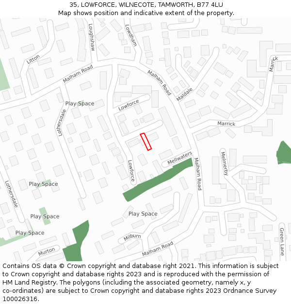 35, LOWFORCE, WILNECOTE, TAMWORTH, B77 4LU: Location map and indicative extent of plot