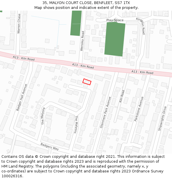 35, MALYON COURT CLOSE, BENFLEET, SS7 1TX: Location map and indicative extent of plot