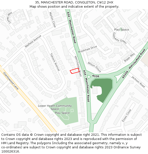 35, MANCHESTER ROAD, CONGLETON, CW12 2HX: Location map and indicative extent of plot