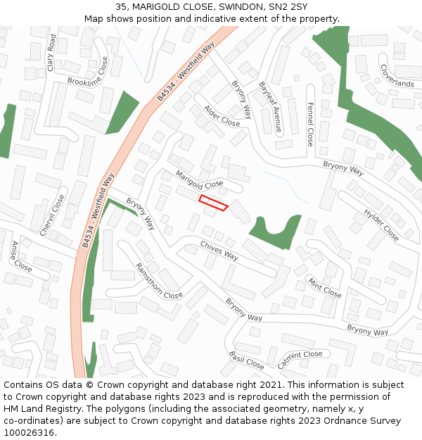 35, MARIGOLD CLOSE, SWINDON, SN2 2SY: Location map and indicative extent of plot