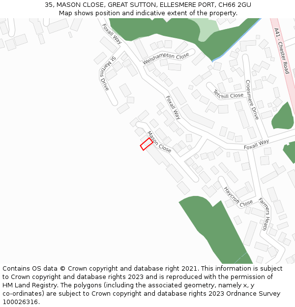 35, MASON CLOSE, GREAT SUTTON, ELLESMERE PORT, CH66 2GU: Location map and indicative extent of plot