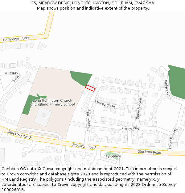 35, MEADOW DRIVE, LONG ITCHINGTON, SOUTHAM, CV47 9AA: Location map and indicative extent of plot