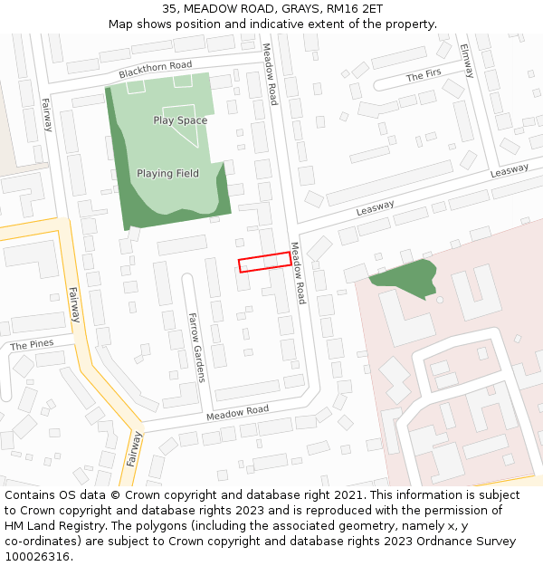 35, MEADOW ROAD, GRAYS, RM16 2ET: Location map and indicative extent of plot