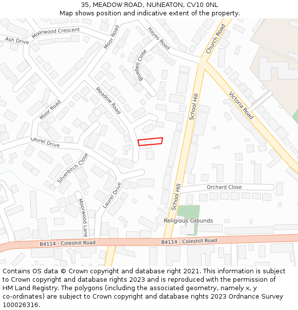 35, MEADOW ROAD, NUNEATON, CV10 0NL: Location map and indicative extent of plot