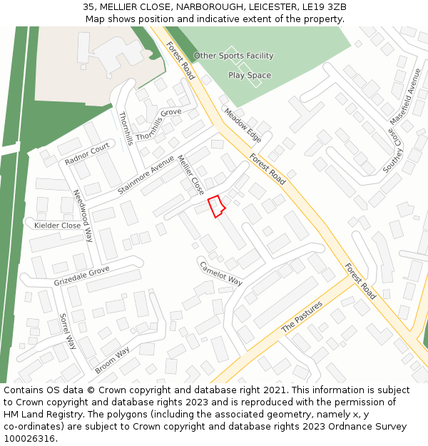 35, MELLIER CLOSE, NARBOROUGH, LEICESTER, LE19 3ZB: Location map and indicative extent of plot