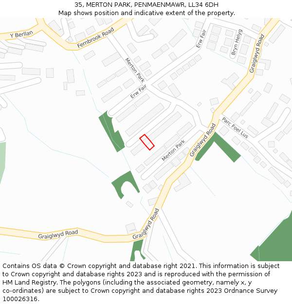 35, MERTON PARK, PENMAENMAWR, LL34 6DH: Location map and indicative extent of plot