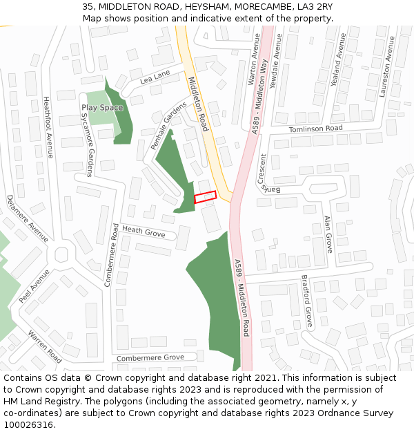 35, MIDDLETON ROAD, HEYSHAM, MORECAMBE, LA3 2RY: Location map and indicative extent of plot