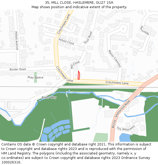 35, MILL CLOSE, HASLEMERE, GU27 1SA: Location map and indicative extent of plot