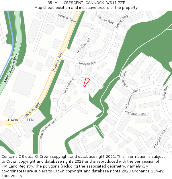 35, MILL CRESCENT, CANNOCK, WS11 7ZF: Location map and indicative extent of plot