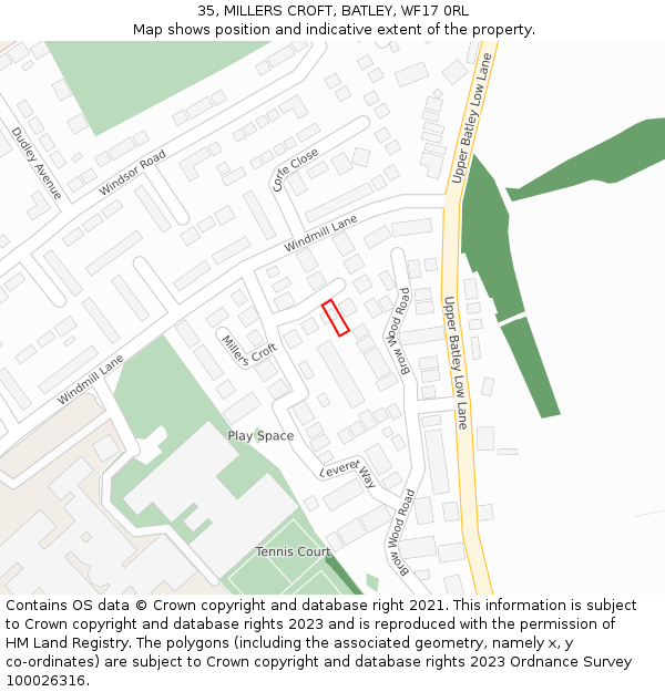 35, MILLERS CROFT, BATLEY, WF17 0RL: Location map and indicative extent of plot