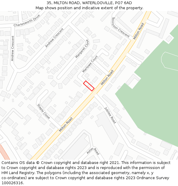 35, MILTON ROAD, WATERLOOVILLE, PO7 6AD: Location map and indicative extent of plot