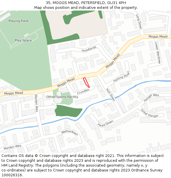 35, MOGGS MEAD, PETERSFIELD, GU31 4PH: Location map and indicative extent of plot