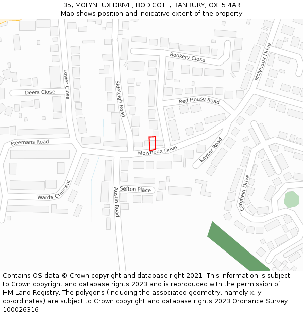 35, MOLYNEUX DRIVE, BODICOTE, BANBURY, OX15 4AR: Location map and indicative extent of plot