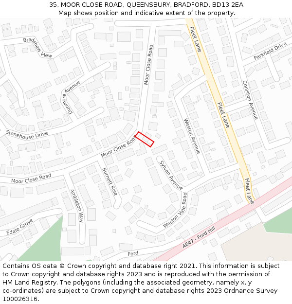 35, MOOR CLOSE ROAD, QUEENSBURY, BRADFORD, BD13 2EA: Location map and indicative extent of plot