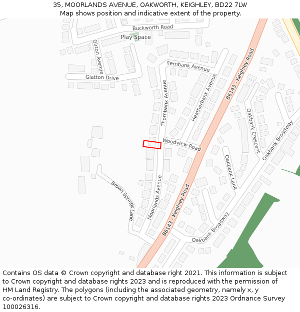 35, MOORLANDS AVENUE, OAKWORTH, KEIGHLEY, BD22 7LW: Location map and indicative extent of plot