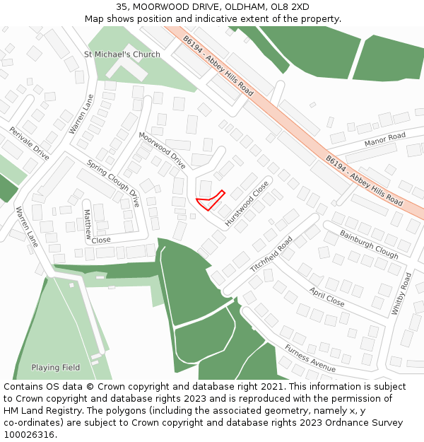 35, MOORWOOD DRIVE, OLDHAM, OL8 2XD: Location map and indicative extent of plot