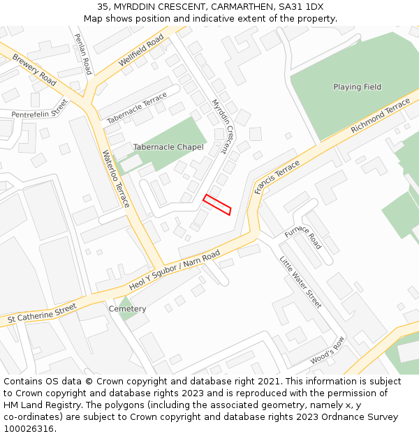 35, MYRDDIN CRESCENT, CARMARTHEN, SA31 1DX: Location map and indicative extent of plot