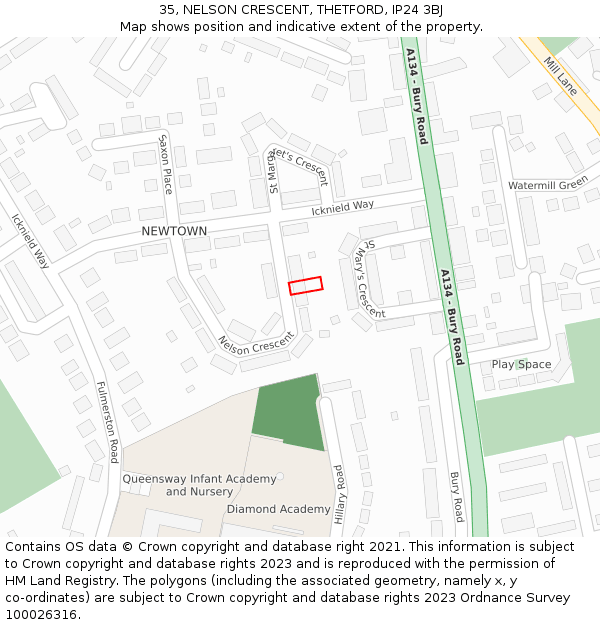 35, NELSON CRESCENT, THETFORD, IP24 3BJ: Location map and indicative extent of plot