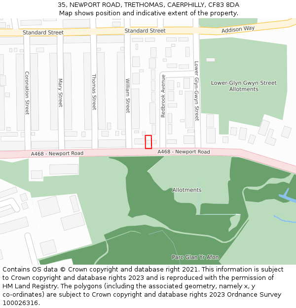 35, NEWPORT ROAD, TRETHOMAS, CAERPHILLY, CF83 8DA: Location map and indicative extent of plot