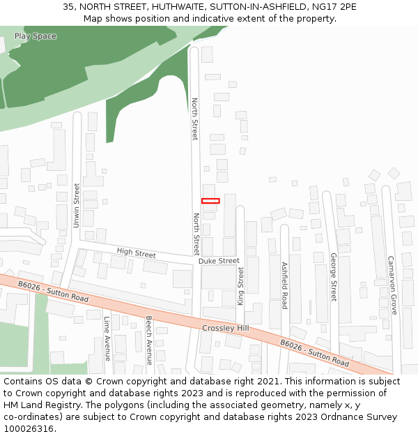 35, NORTH STREET, HUTHWAITE, SUTTON-IN-ASHFIELD, NG17 2PE: Location map and indicative extent of plot