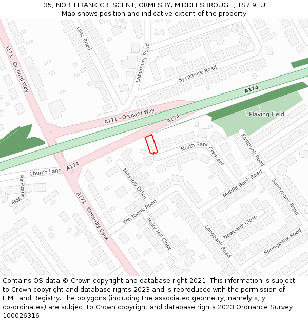 35, NORTHBANK CRESCENT, ORMESBY, MIDDLESBROUGH, TS7 9EU: Location map and indicative extent of plot