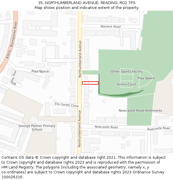 35, NORTHUMBERLAND AVENUE, READING, RG2 7PS: Location map and indicative extent of plot