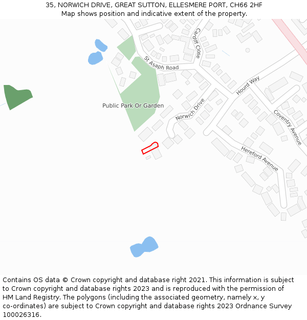 35, NORWICH DRIVE, GREAT SUTTON, ELLESMERE PORT, CH66 2HF: Location map and indicative extent of plot