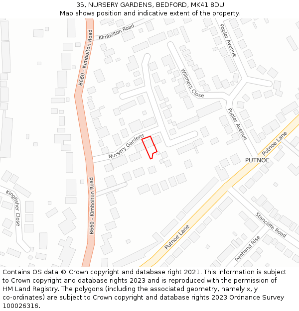 35, NURSERY GARDENS, BEDFORD, MK41 8DU: Location map and indicative extent of plot