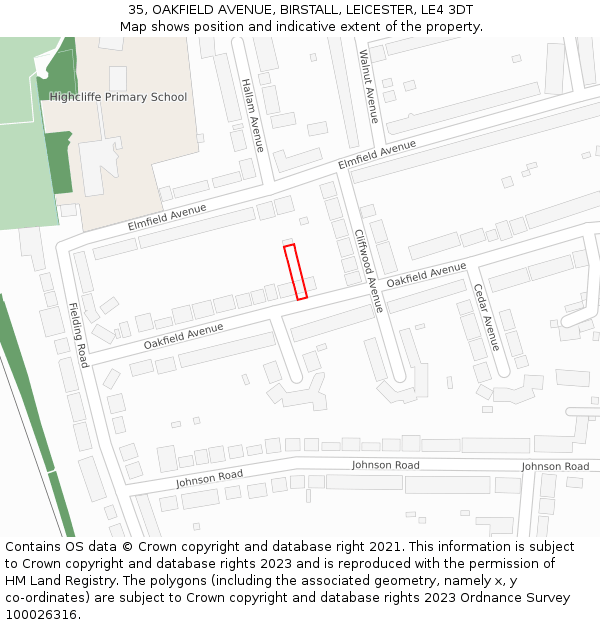 35, OAKFIELD AVENUE, BIRSTALL, LEICESTER, LE4 3DT: Location map and indicative extent of plot