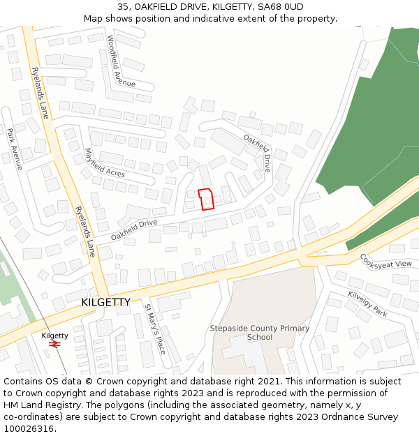 35, OAKFIELD DRIVE, KILGETTY, SA68 0UD: Location map and indicative extent of plot