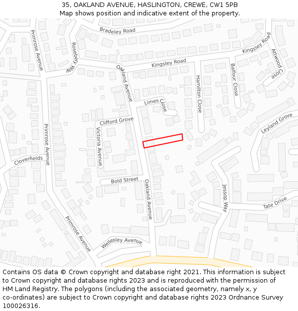 35, OAKLAND AVENUE, HASLINGTON, CREWE, CW1 5PB: Location map and indicative extent of plot