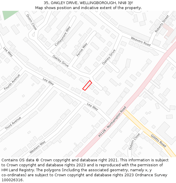 35, OAKLEY DRIVE, WELLINGBOROUGH, NN8 3JY: Location map and indicative extent of plot