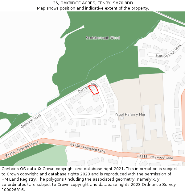 35, OAKRIDGE ACRES, TENBY, SA70 8DB: Location map and indicative extent of plot