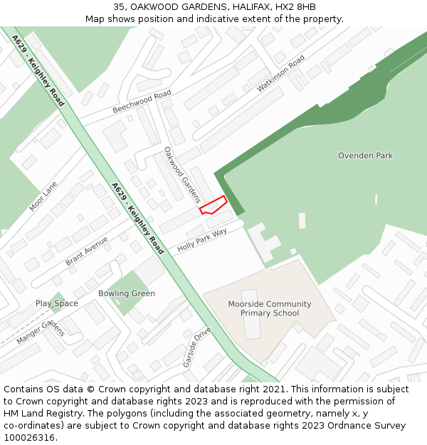 35, OAKWOOD GARDENS, HALIFAX, HX2 8HB: Location map and indicative extent of plot