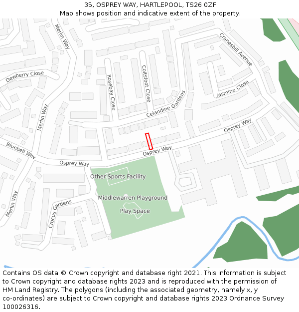 35, OSPREY WAY, HARTLEPOOL, TS26 0ZF: Location map and indicative extent of plot