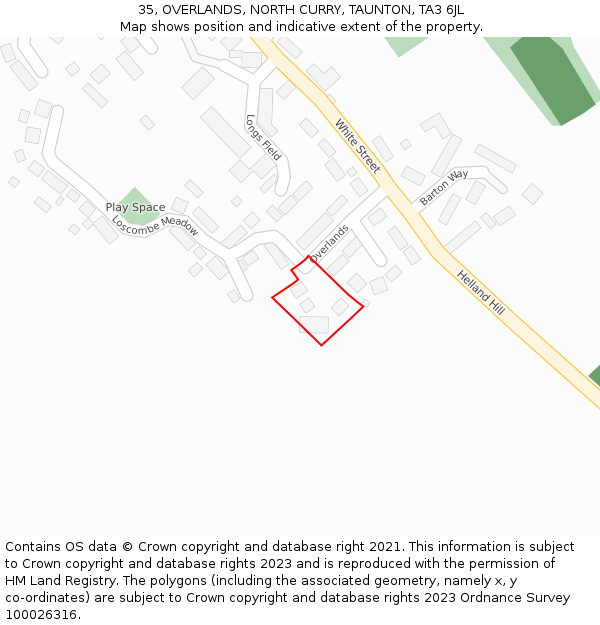 35, OVERLANDS, NORTH CURRY, TAUNTON, TA3 6JL: Location map and indicative extent of plot