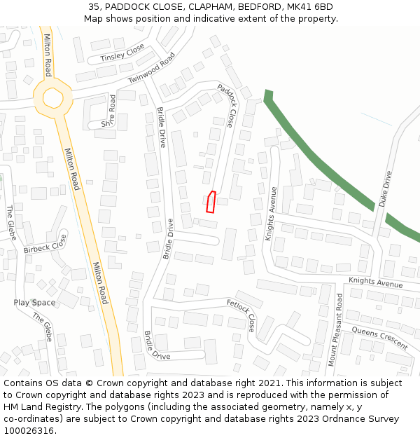 35, PADDOCK CLOSE, CLAPHAM, BEDFORD, MK41 6BD: Location map and indicative extent of plot