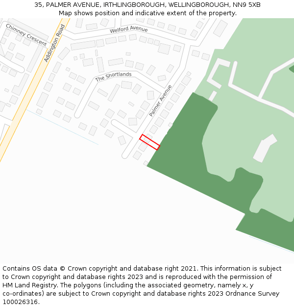 35, PALMER AVENUE, IRTHLINGBOROUGH, WELLINGBOROUGH, NN9 5XB: Location map and indicative extent of plot