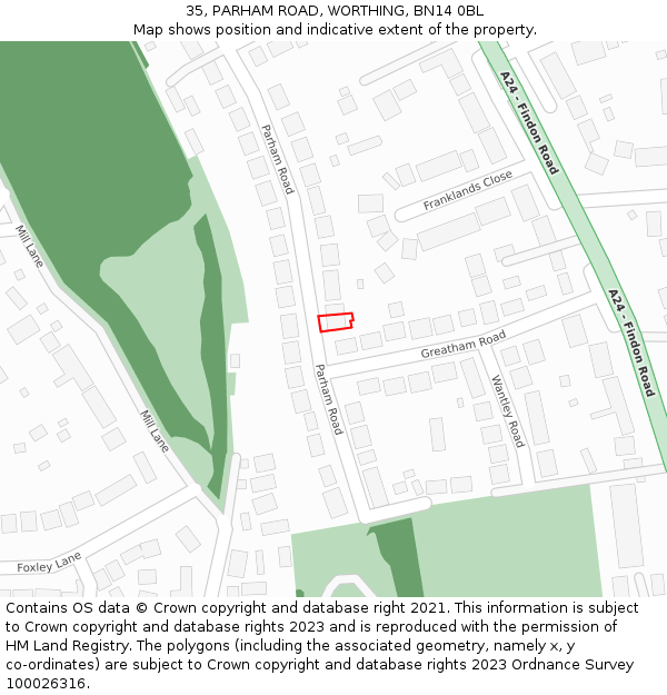 35, PARHAM ROAD, WORTHING, BN14 0BL: Location map and indicative extent of plot