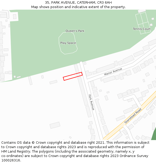 35, PARK AVENUE, CATERHAM, CR3 6AH: Location map and indicative extent of plot