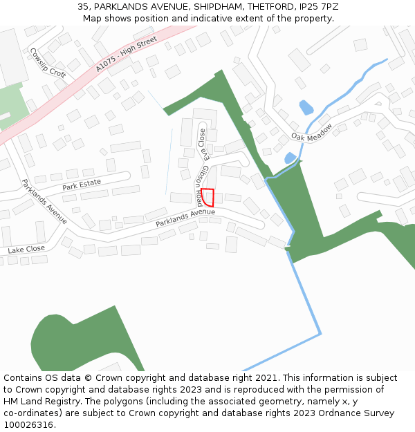 35, PARKLANDS AVENUE, SHIPDHAM, THETFORD, IP25 7PZ: Location map and indicative extent of plot