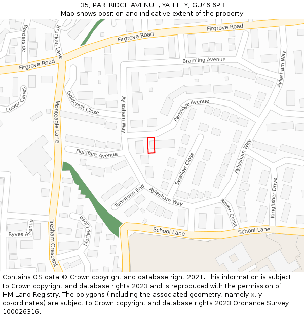 35, PARTRIDGE AVENUE, YATELEY, GU46 6PB: Location map and indicative extent of plot