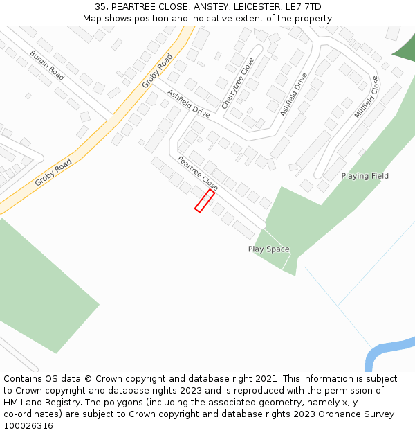 35, PEARTREE CLOSE, ANSTEY, LEICESTER, LE7 7TD: Location map and indicative extent of plot