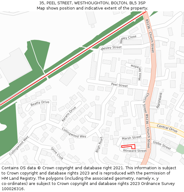 35, PEEL STREET, WESTHOUGHTON, BOLTON, BL5 3SP: Location map and indicative extent of plot